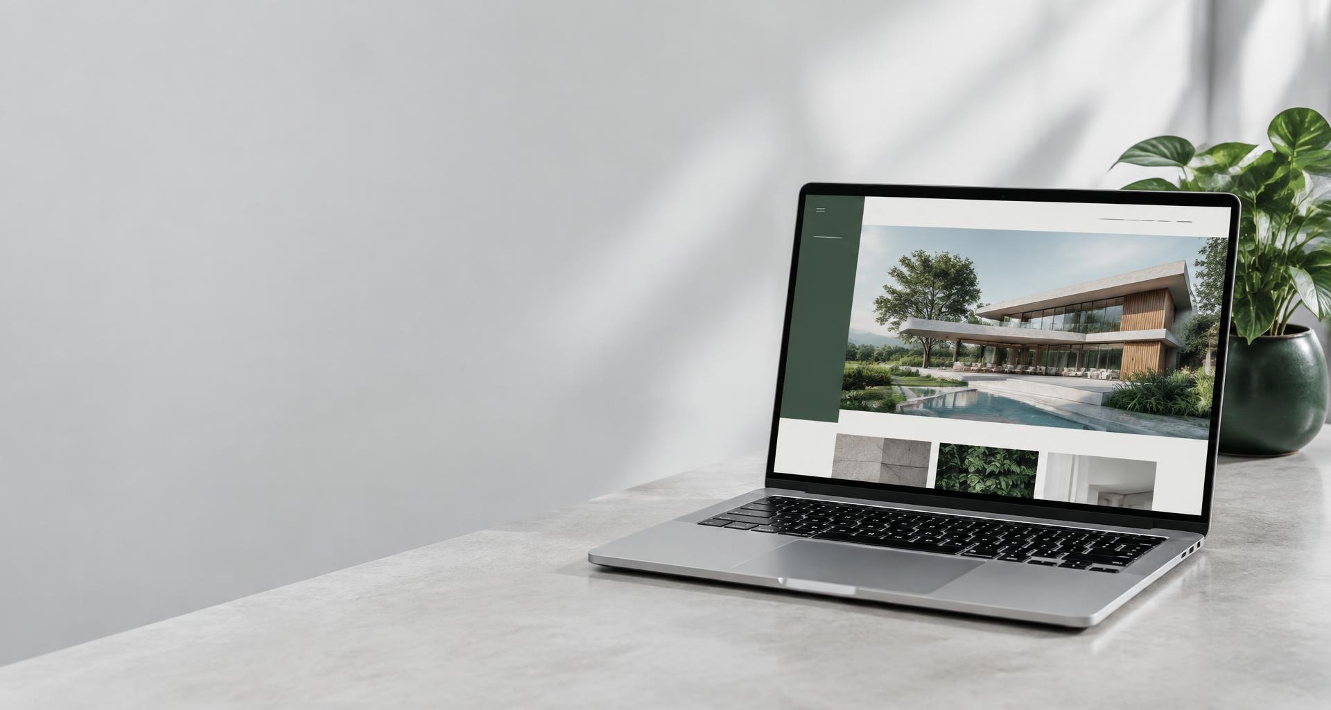 Notebook com exemplo ilustrativo de site de arquitetura em um estúdio
